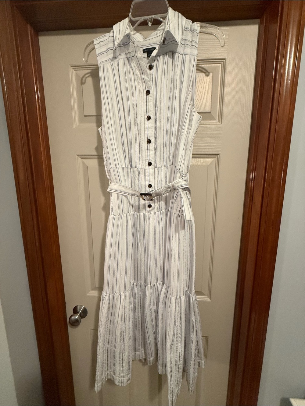 Ann Taylor White Sleeveless Striped Midi Shirt Dress with Belt